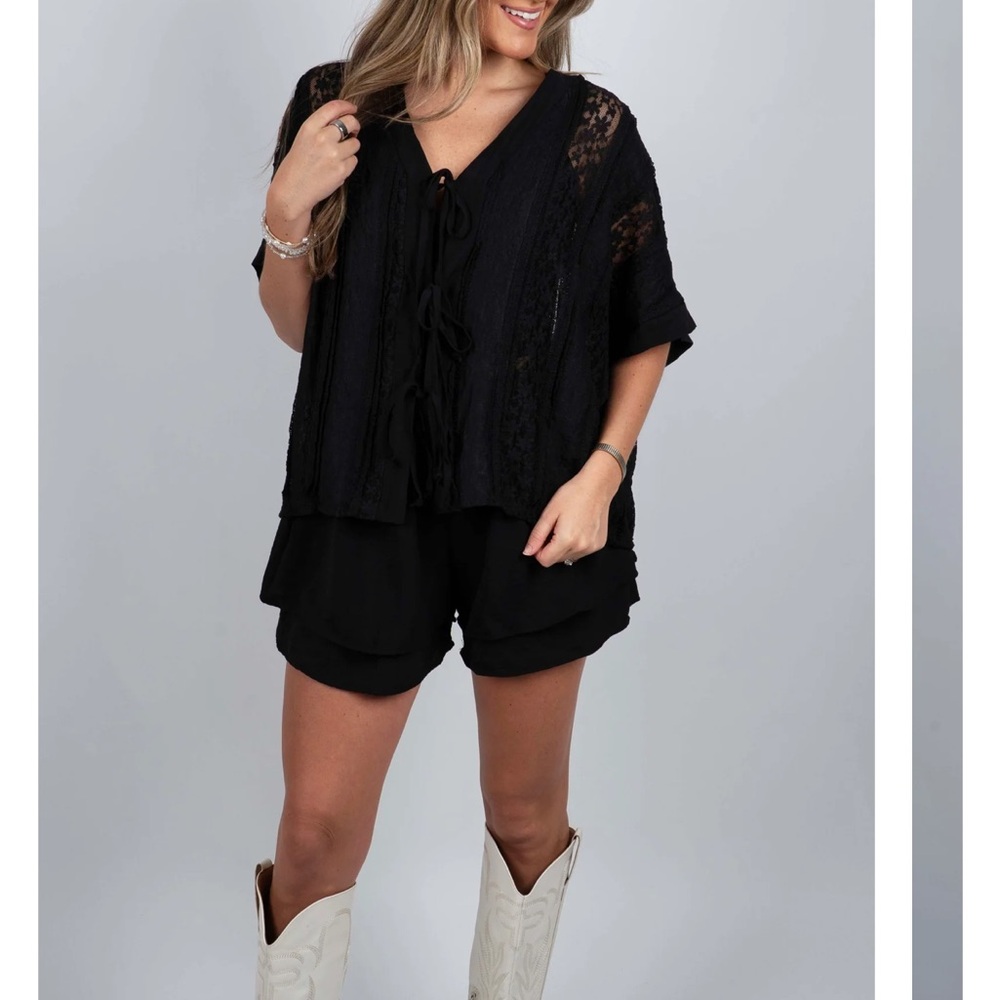 Black Lace Tie Top and Tiered Shorts Set - BNWOT
